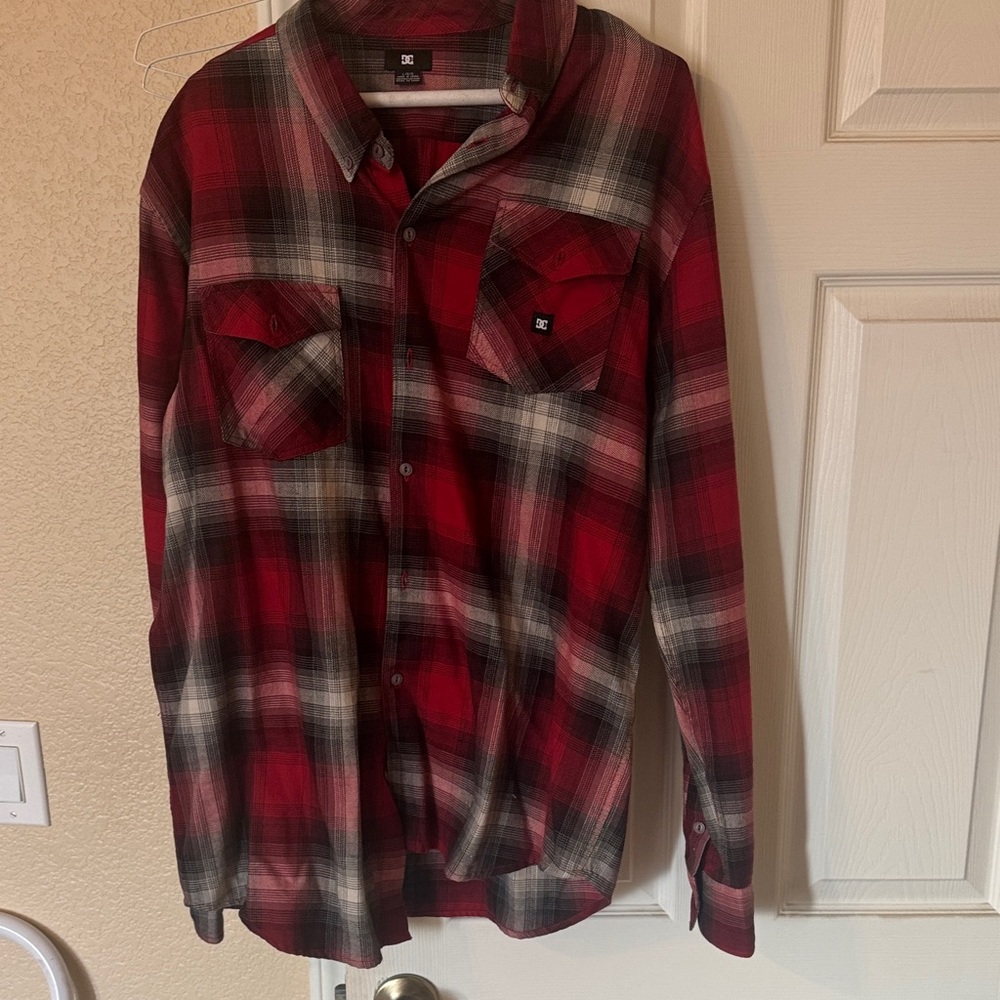 DC Men's Red and Black Plaid Button Down Shirt